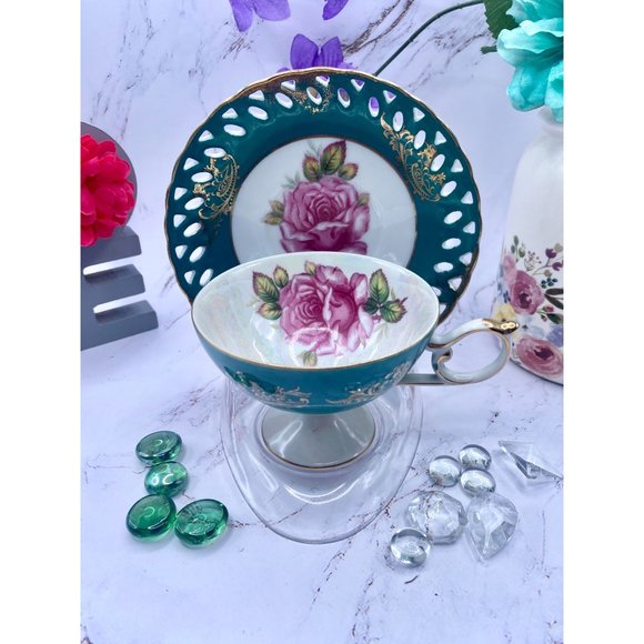 Royal Halsey teacup & filigree saucer Lusterware, green, hand painted, beautiful - Picture 4 of 12